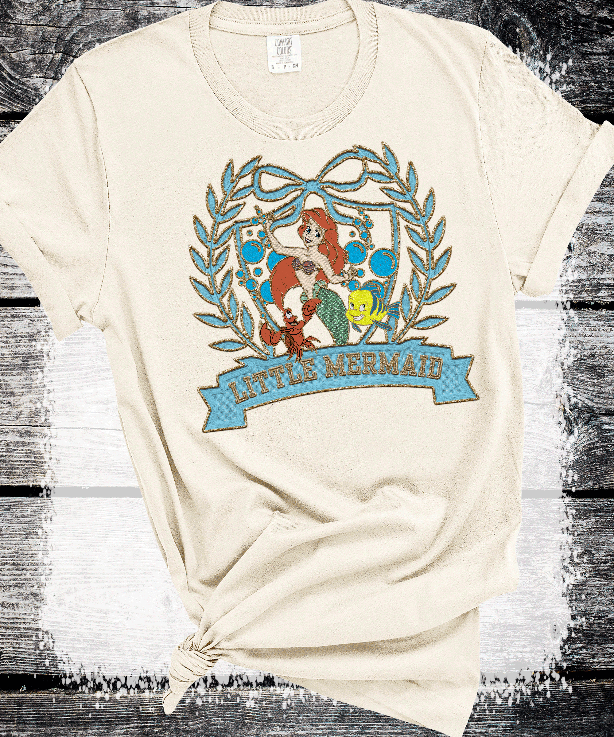 Old School Vintage Little Mermaid, Retro 80s 90s Disney shirts, Flounder and Sebastian shirts,  nostalgic faux embroidered