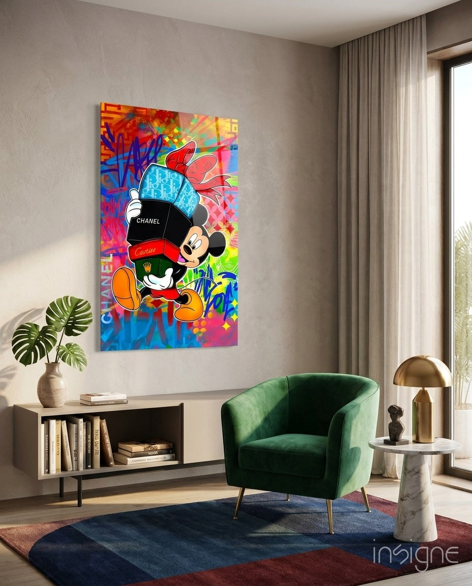 Mickey in the World of Brands Glass Wall Art || Designer Collection